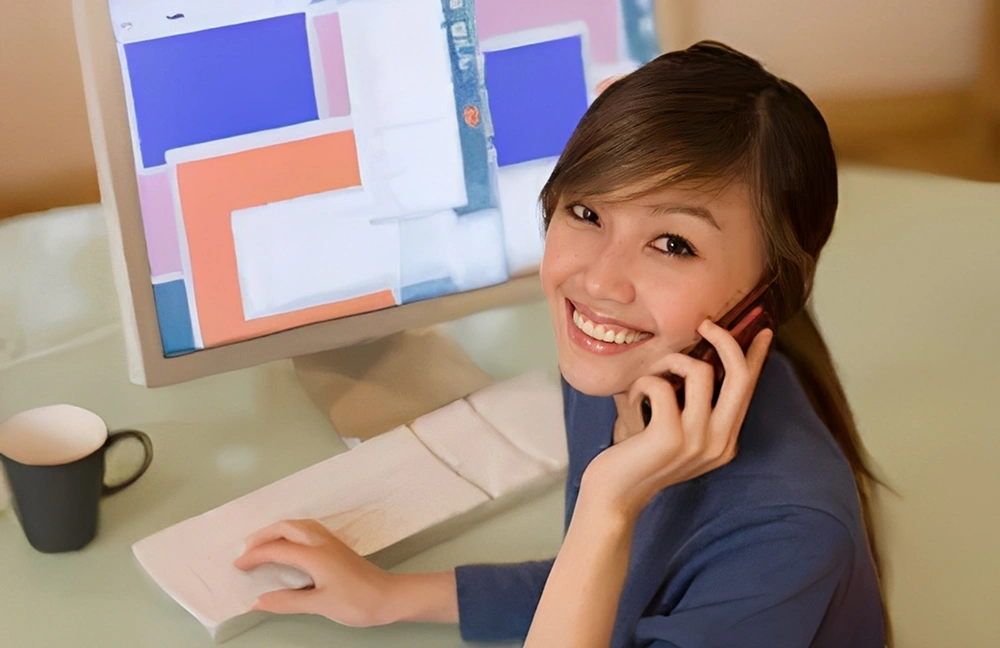 Cheerful woman working and talking on phone